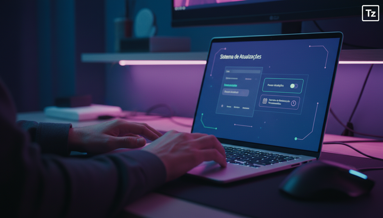 Windows e a Busca pela Qualidade: Lições para a Experiência do Usuário — Um usuário ajustando as configurações de atualização do Windows em um laptop moderno. A interface de configurações mostra opçõe