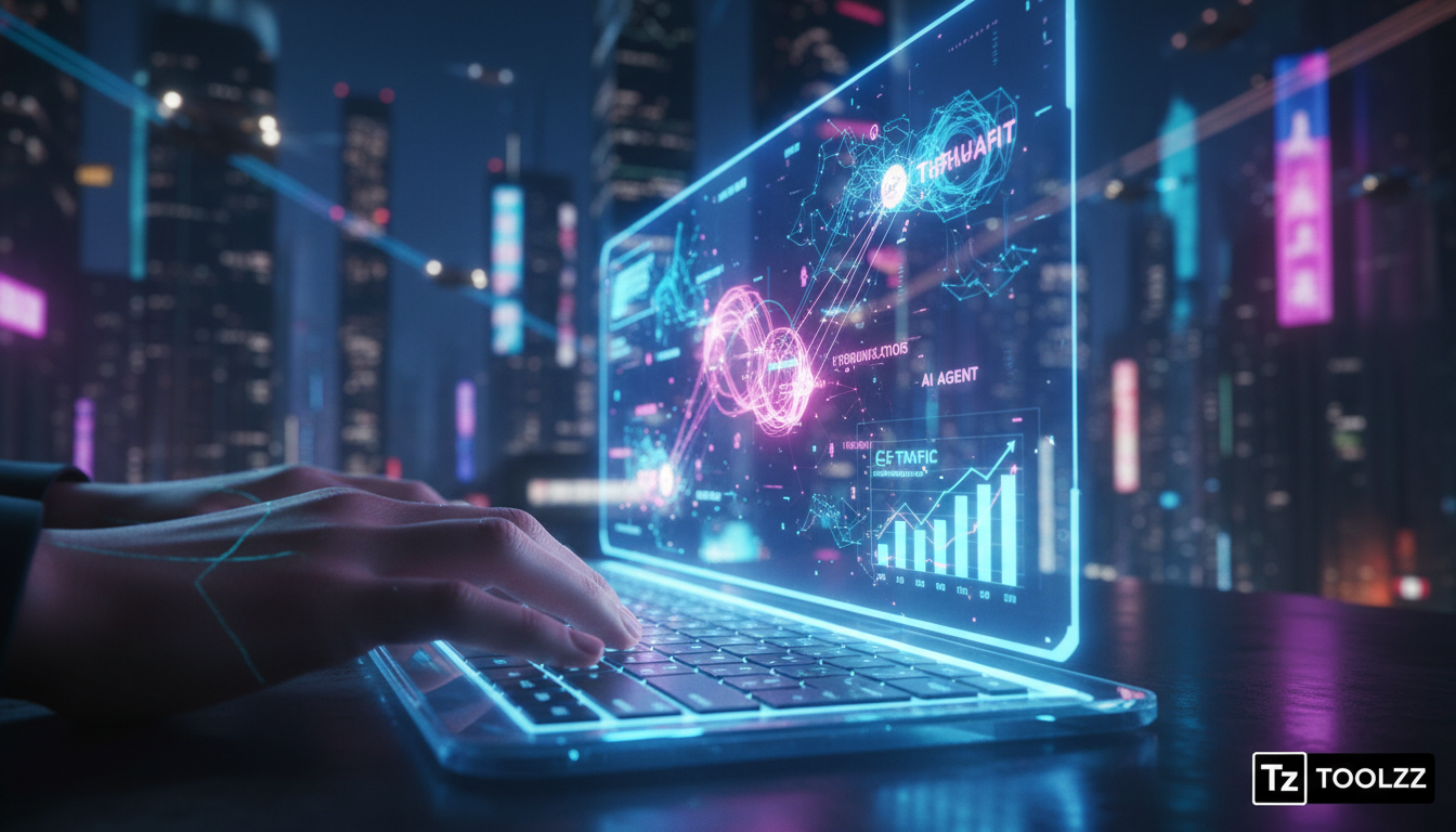 WordPress.com e a Revolução da IA na Criação de Conteúdo — Close-up de uma mão digitando em um teclado, com um holograma projetando diferentes opções de otimização de SEO sugeridas por um agente de IA