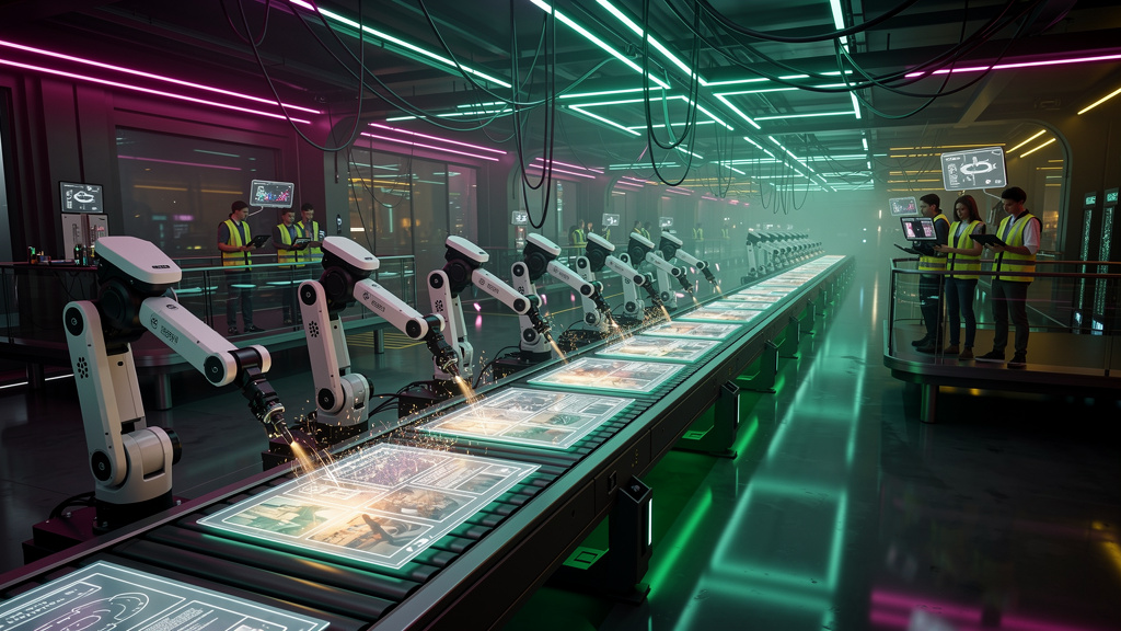 WordPress com IA: Como Agentes Inteligentes Redefinem a Criação de Conteúdo — Uma linha de produção de conteúdo em uma fábrica moderna, onde robôs com o logo da Toolzz estão montando posts de blog em 