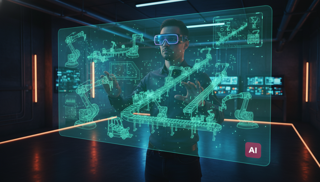 World Models: A IA que Computa o Impossível — Um engenheiro de software, usando óculos de realidade aumentada, observa uma simulação holográfica de uma linha de produção complexa. A simulação mostra o