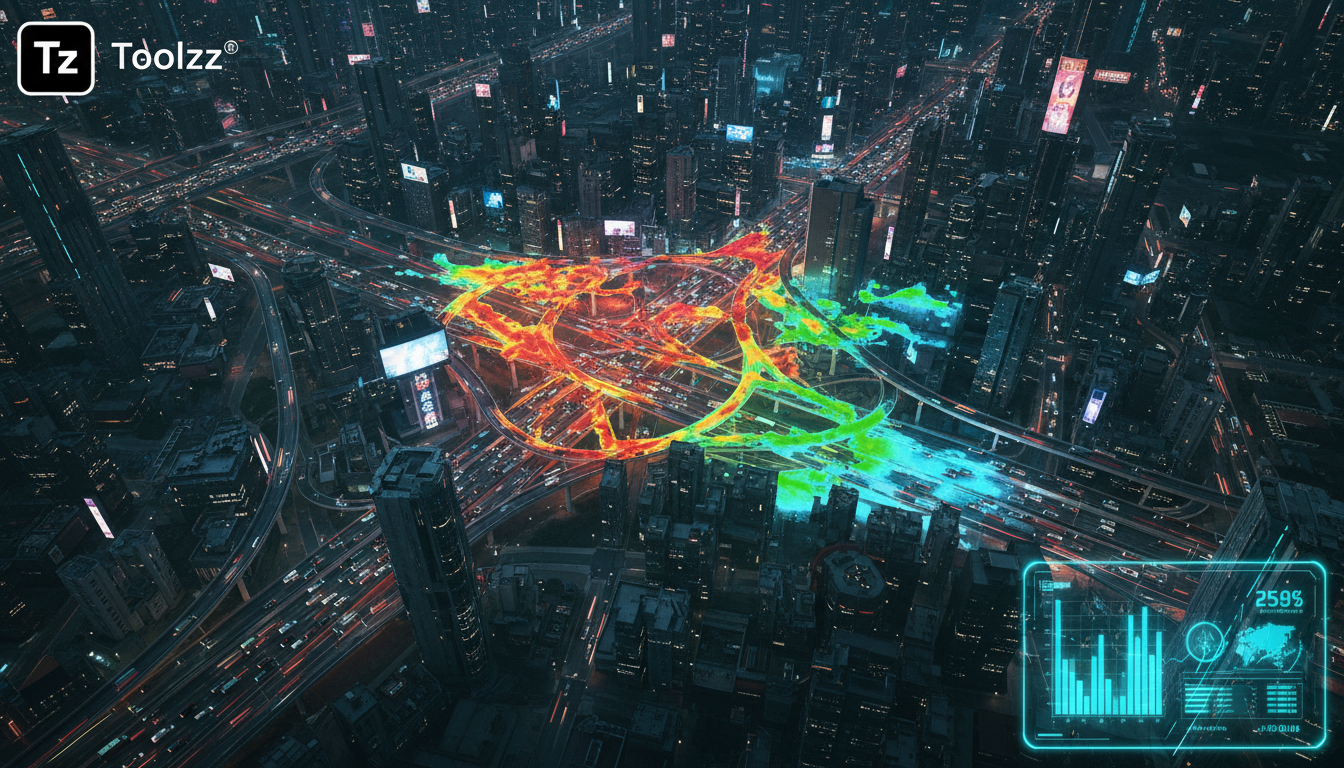 World Models: A Nova Fronteira da Inteligência Artificial — Um mapa de calor complexo sobreposto a uma imagem de uma metrópole movimentada, mostrando os padrões de tráfego em tempo real. As áreas de c