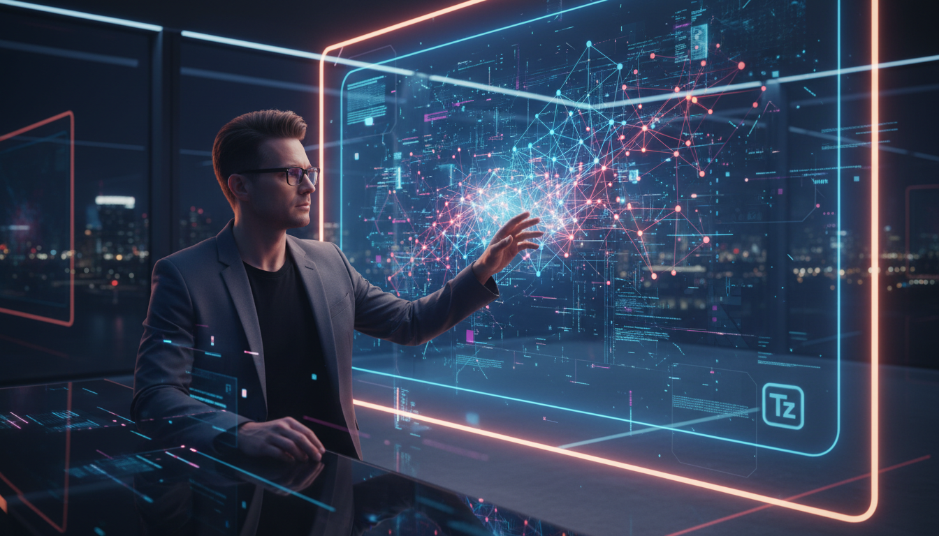 World Models: Computando o Impossível com IA — Um engenheiro de software, em um ambiente de trabalho minimalista e iluminado, gesticula em frente a uma tela gigante exibindo um diagrama complexo de re