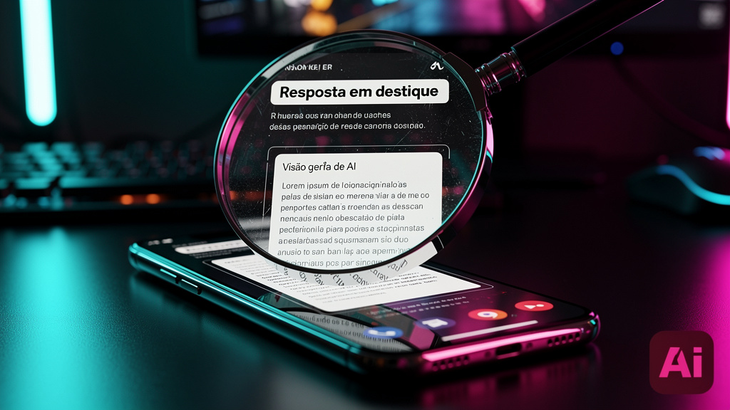 Zero-Click Content: Domine o Google AI Overviews — Uma lupa gigante pairando sobre um smartphone onde aparece uma página de resultados do Google (SERP). A lupa foca em um 'featured snippet' e um 'AI O