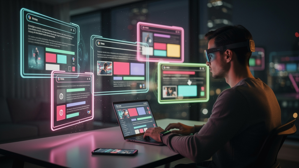 Zero Click Search: Como Escalar Conteúdo com IA — Um usuário interagindo com uma interface futurista que exibe resultados de pesquisa do Google em realidade aumentada. Vários 'featured snippets' flutu