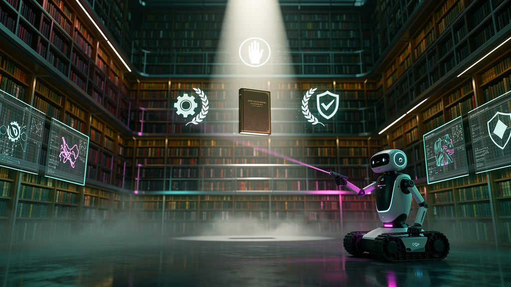 Zero Click Search: Como se Tornar Referência em IA — A stylized illustration of a vast library with books representing the massive datasets LLMs are trained on. A beam of light shines down on one part