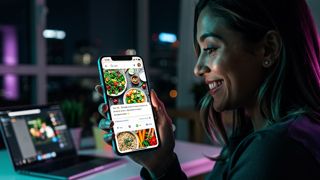 Zero-Click Search: Domine o Google e Atraia Clientes — Um usuário sorrindo, segurando um smartphone que exibe um 'featured snippet' do Google com informações sobre receitas saudáveis. O logo da Toolzz