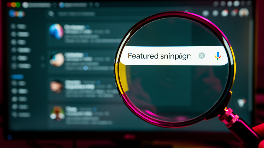Zero Click Search: Domine o Google e LLMs com IA — Close-up de uma lupa focando em um 'featured snippet' do Google que exibe a resposta gerada pelo Agente AI de Blog da Toolzz. A lupa reflete o logo d