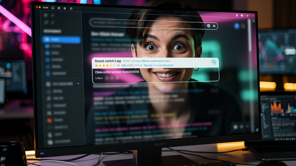 Zero Click Search e IA: O Guia para Agências de Marketing — Um close-up de uma tela de computador mostrando uma SERP (Search Engine Results Page) com um snippet destacado e uma caixa de resposta proem