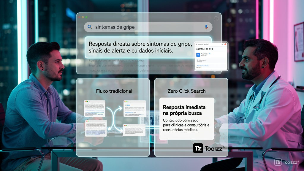 Zero Click Search: Guia Prático para Clínicas e Consultórios Médicos — Um infográfico dividido em duas partes para carrossel. Parte superior: Fluxograma mostrando um paciente digitando uma pergunta mé