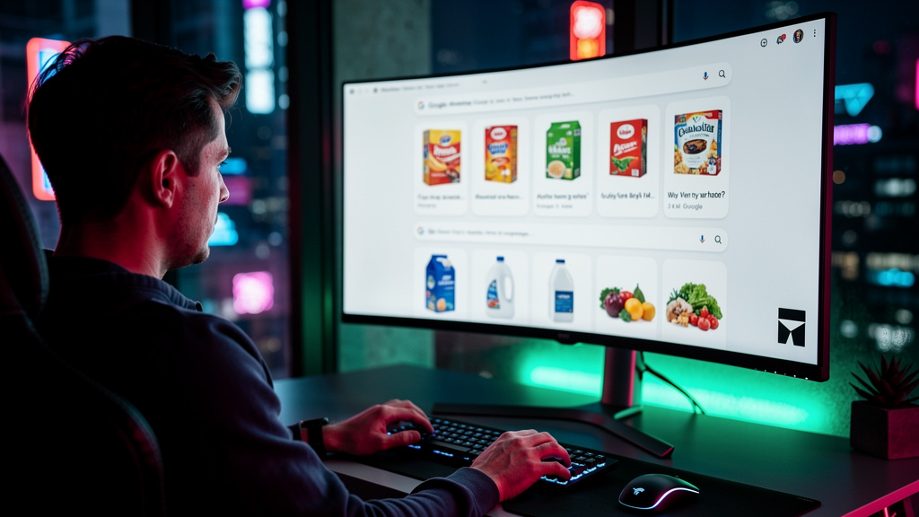 Zero Click Search: Toolzz vs. HubSpot – Qual a Melhor Opção? — Uma pessoa olhando para uma tela de computador que exibe resultados de pesquisa do Google. Vários 'featured snippets' aparecem no topo, r